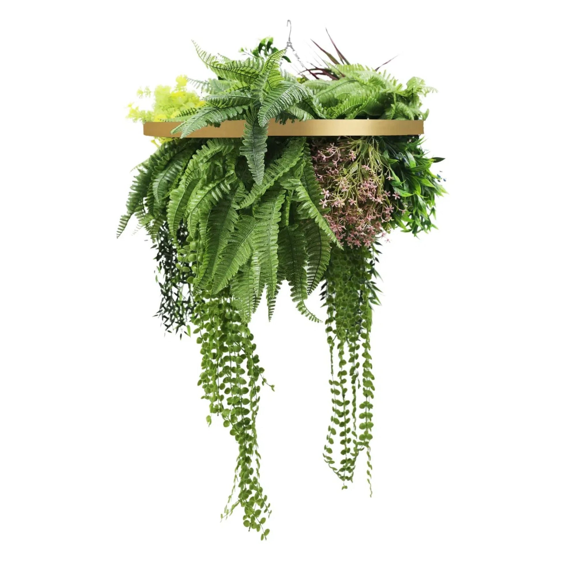 Elegant Gold Hanging Disc with Draping Ferns & Tropical Greenery – 60cm UV Protected-0