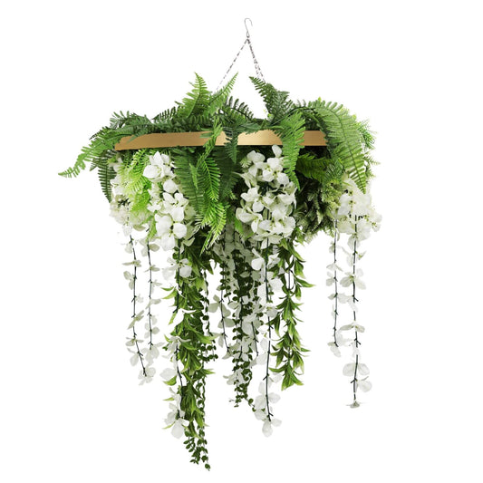 Gold Framed Roof Hanging Disc with Draping Life-Like Wisteria Flowers UV Resistant 60cm-0